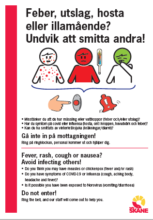 Bild på affisch med både text och illustrationer som informerar hur du undviker smitta via ringklocka